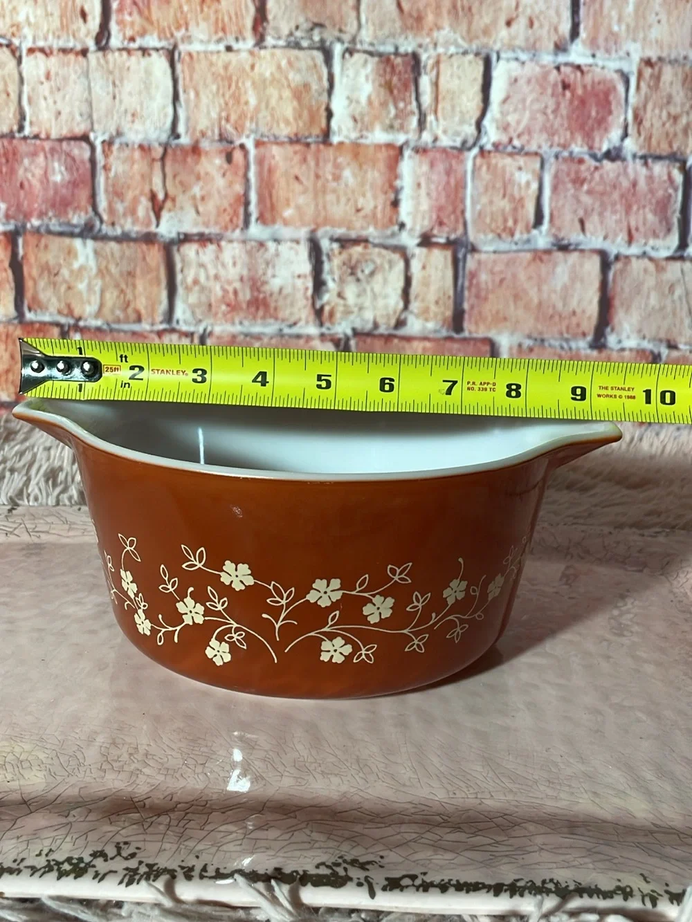 Pyrex Brown Dish with Cream Floral Vine Pattern